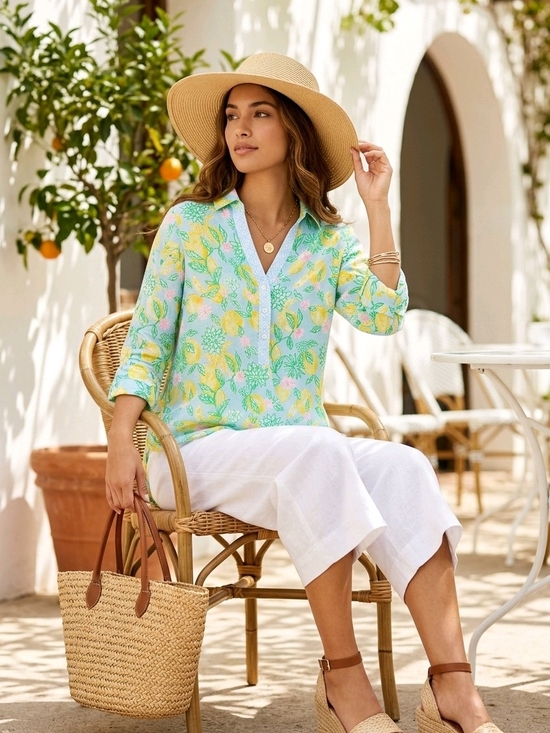 Lilly Pulitzer Tops - Lilly Pulitzer Mint and Yellow Floral V-Neck Tunic